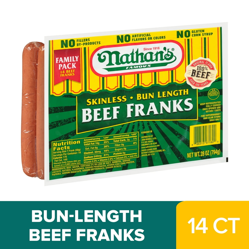 Nathan's Famous Bun Length Skinless Beef Franks, 28 oz