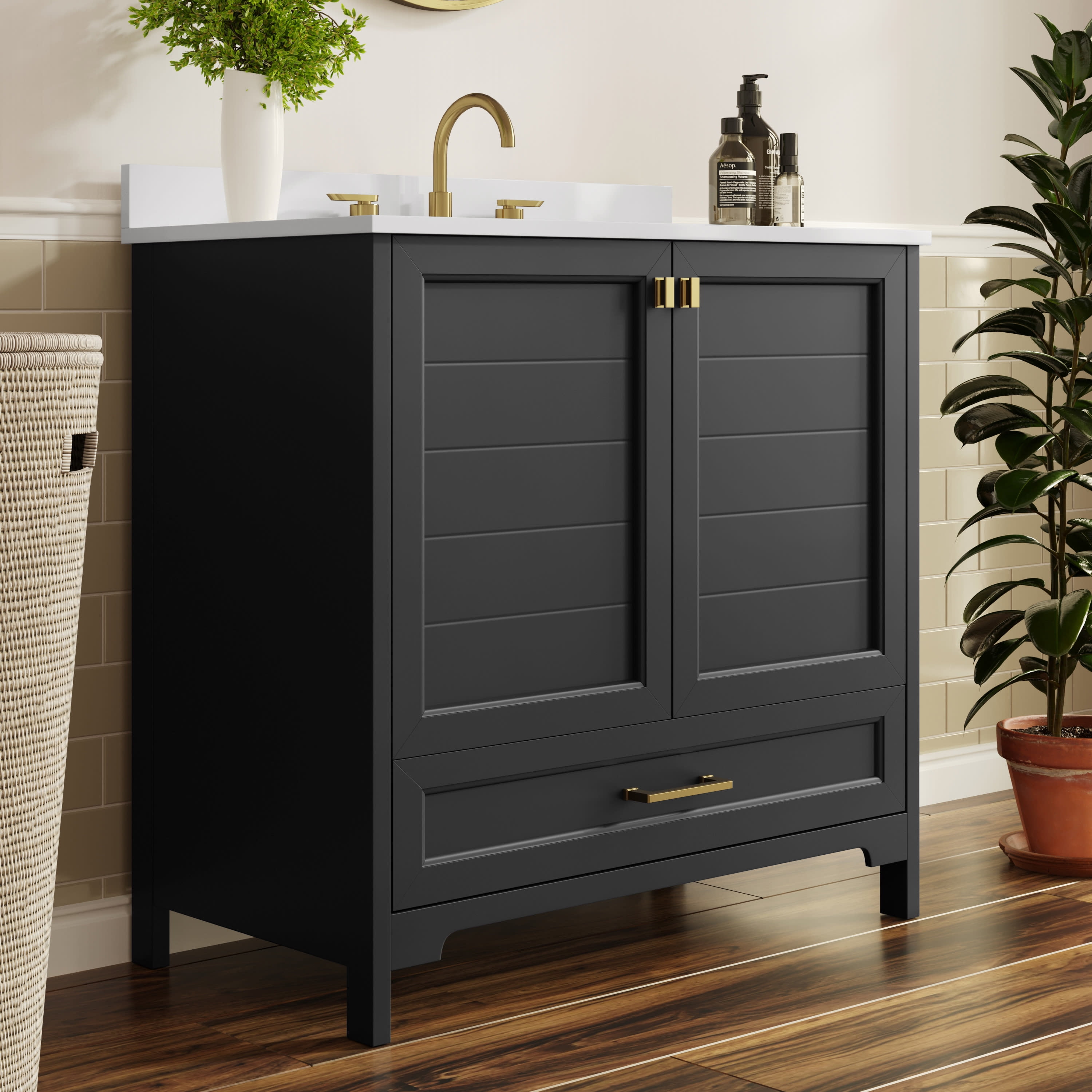 Flash Furniture Haven 36" Bathroom Vanity with Sink and Storage Cabinet Black/Gold (FSBN436KDBKHGD)