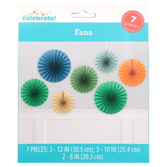 Dinosaur-Themed Hanging Paper Fan Party Decorations, Multicolor, Assorted Sizes, 7 Count, by Way To Celebrate