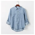 thumbnail image 4 of Womens Button Down V Neck Denim Shirts Long Sleeve Blouse Roll Up Cuffed Sleeve Casual Work Plain Tops with Pockets, 4 of 9