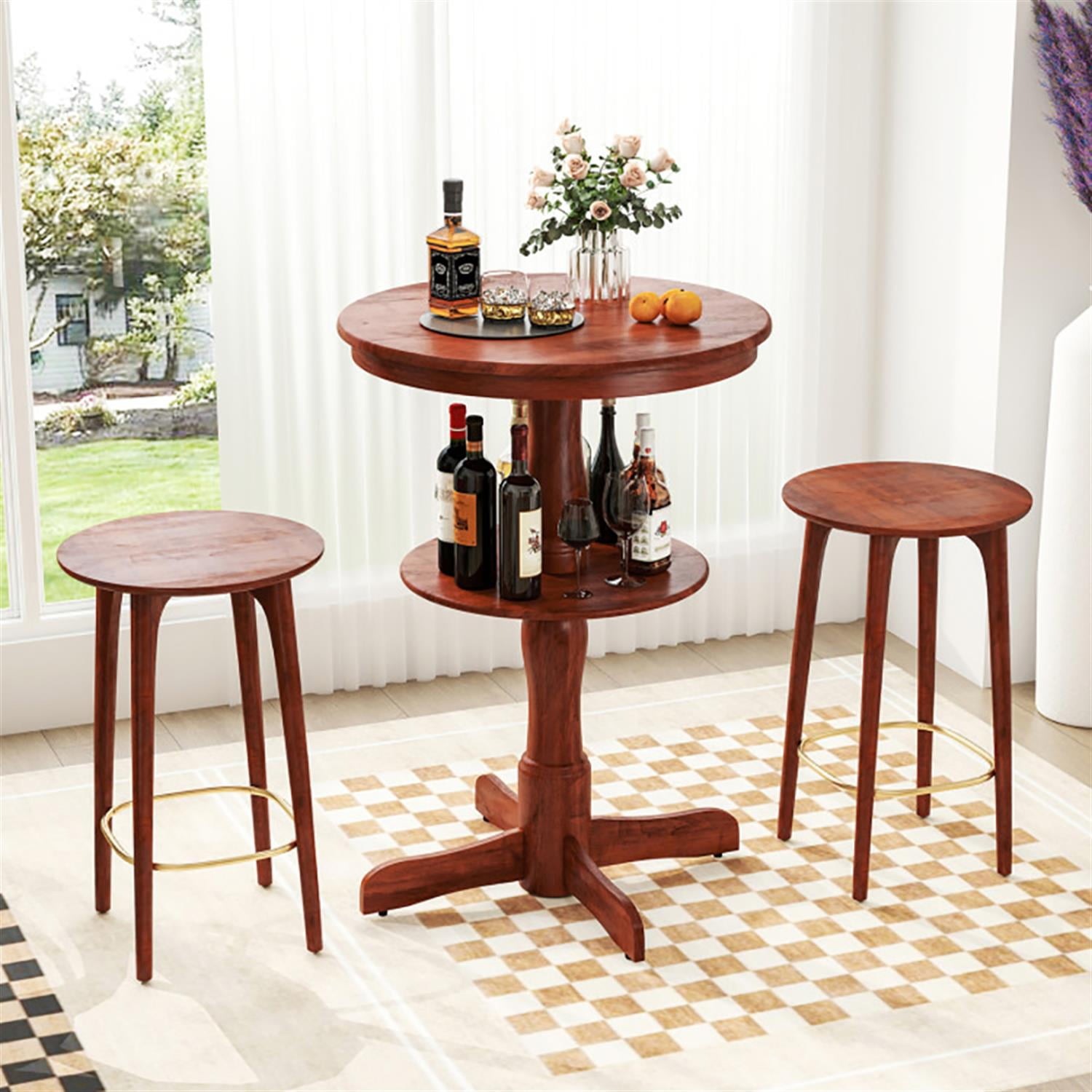 Demi Bonn 29" Pub Table, 2-Tier Round High Top Bar Table with Storage Shelf and Pedestal Base, Perfect for Small Space, Brown