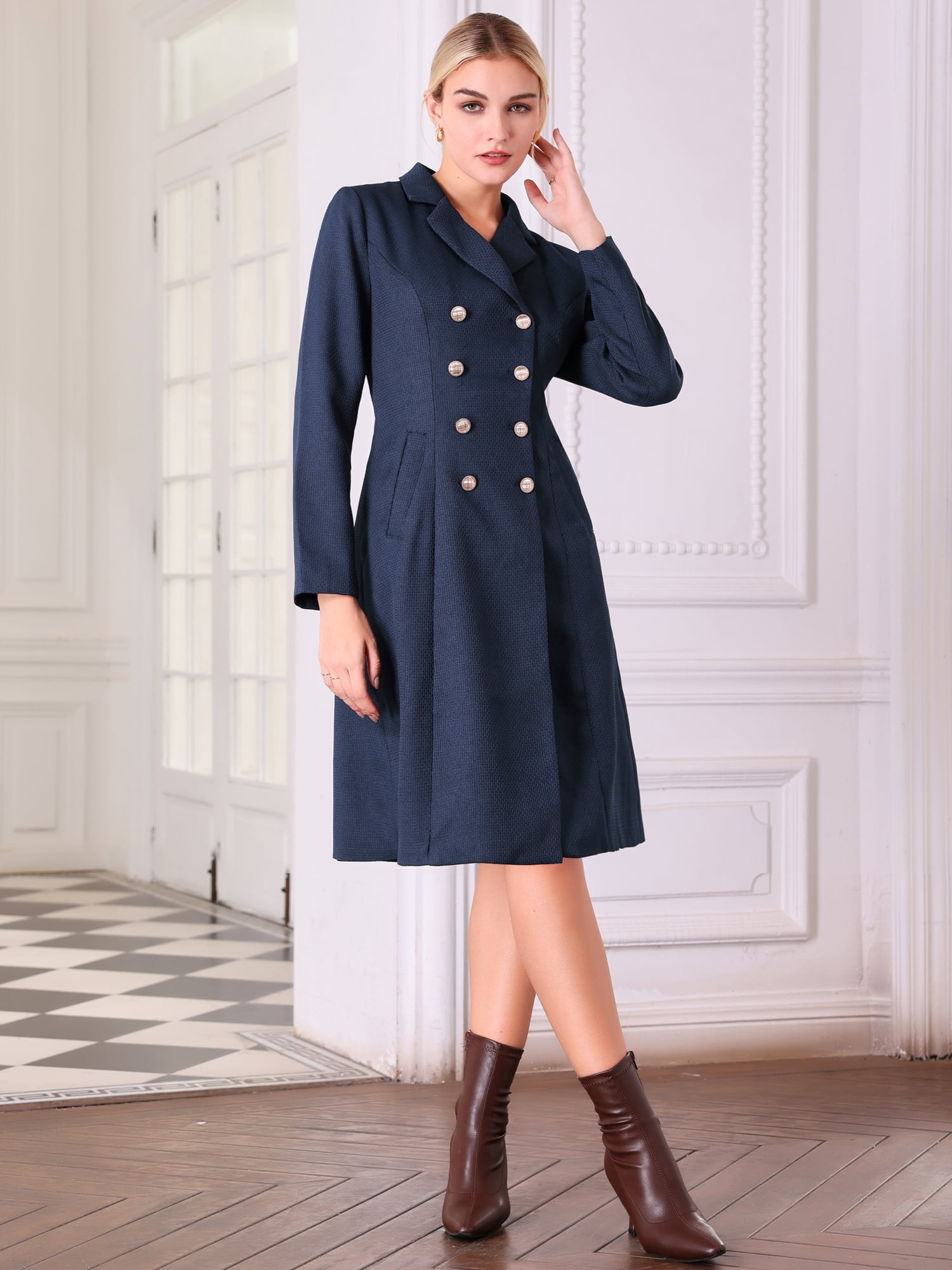 DARING DIVA Tweed Blazer Collared Double Breasted A-Line Dress 2XL Navy Blue