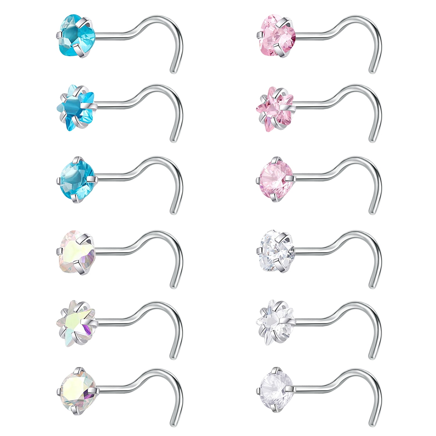 ZS 18g 12Pcs/Set Star Heart Round CZ Nose Ring Piercing Nose Corkscrew