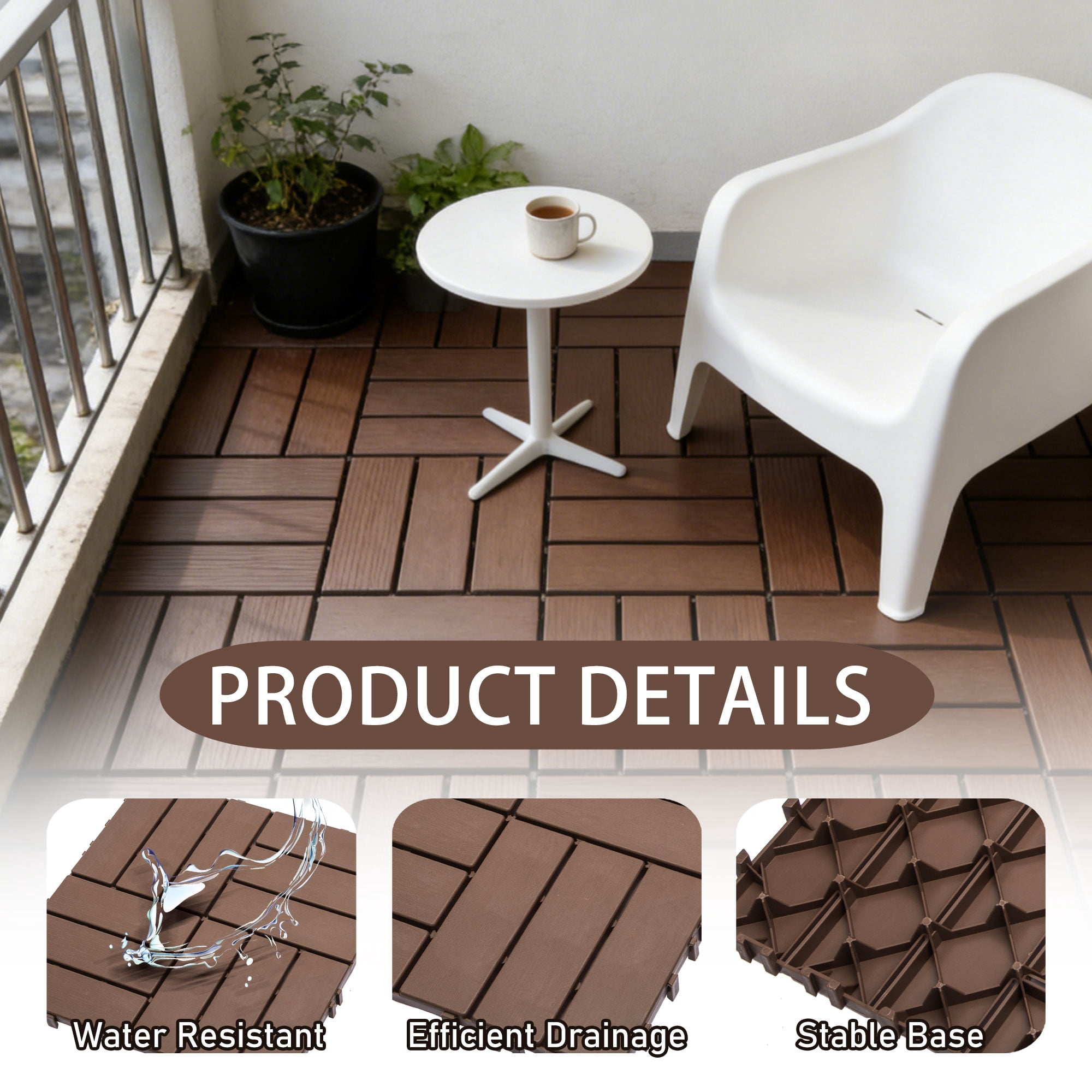 Plastic Interlocking Deck Tiles, 61.60 Sq.Ft Outdoor Plastic Flooring Super Durable & Waterproof All-Weather Indoor/Outdoor Use, 68-Pack 11.42"x11.42"