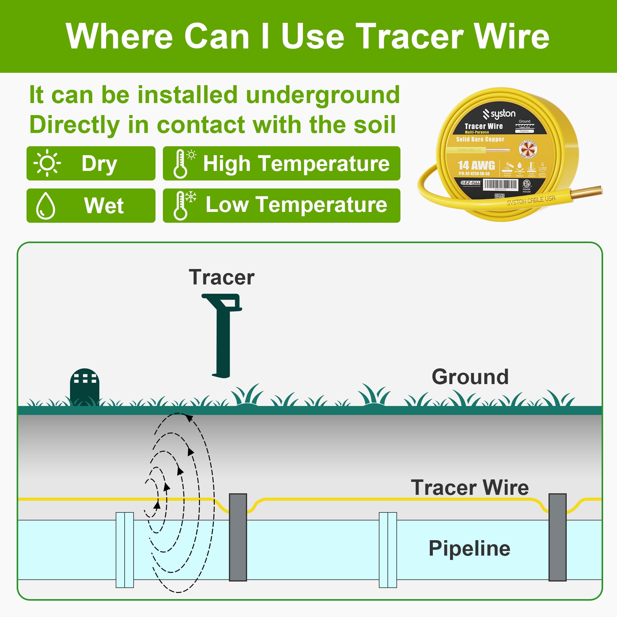 SYSTON CABLE TECHNOLOGY 14 AWG Tracer Wire Direct Burial 600V 1 Solid Bare Copper Conductor, HMWPE Insulation UV Resistant Tracer Wire to Locate Underground Gas Pipelines - Yellow, 250 FT