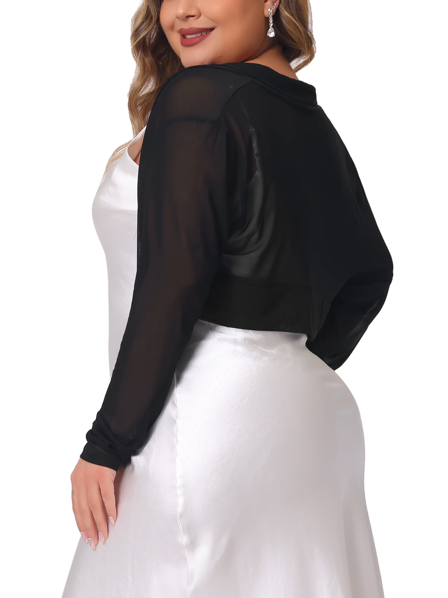 DARING DIVA Women's Plus Size Mesh Crop Long Sleeve Sheer Bolero Shrug Top 2X Black