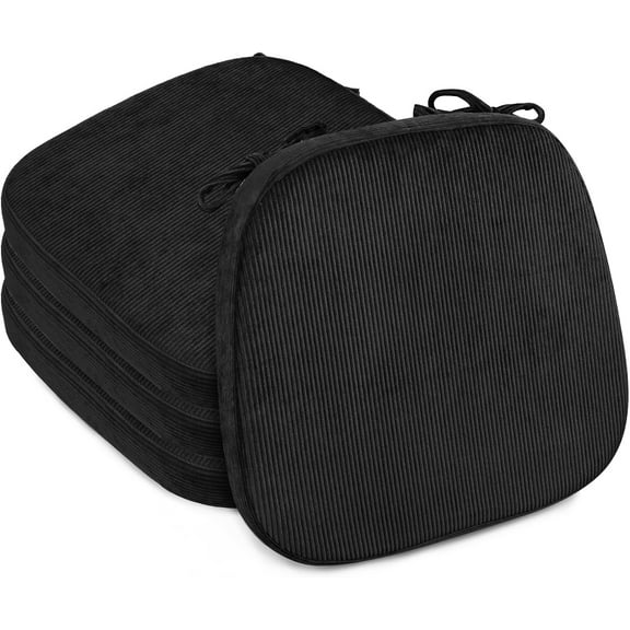 AllWays Plaza 2.5" Thick Chair Cushions for Dining Chair,Corduroy Foam Kitchen Chair Pads,U Shaped Indoor Seat Cushions with Ties&Non-Slip Backing, Removable Washable Cover,17''x16.5'',Set of 4,Black