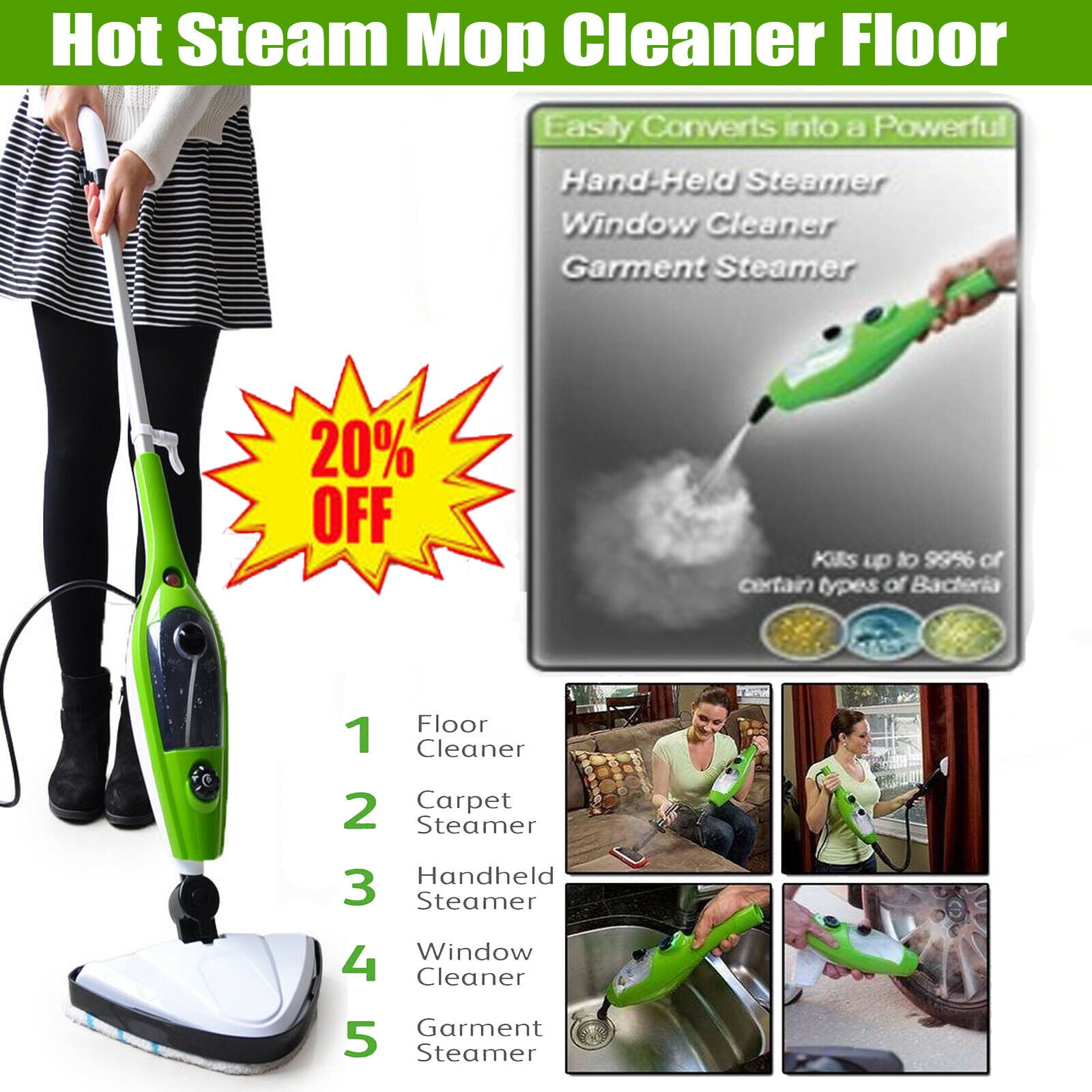 All-in-One Carpet Floor Cleaning Machine with 10 Accessories Powerful Detachable Handheld Steam Mop Cleaner Tool 10-in-1 Hot Steam Mop Cleaner 1300W Electric Multifunctional Mop for Floor Cleaning 
