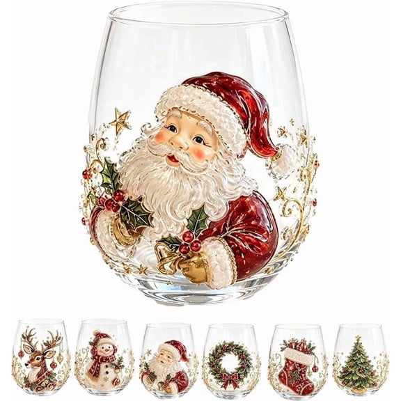 3D Christmas Glass Art Cup Santa Snowman Reindeer Tree Drinking Glasses F Christmas Stemless Wine Glasses 3D Drinking Glass Cup for Coffee Cocktails Whiskey Soda Unique Christmas Gift,A