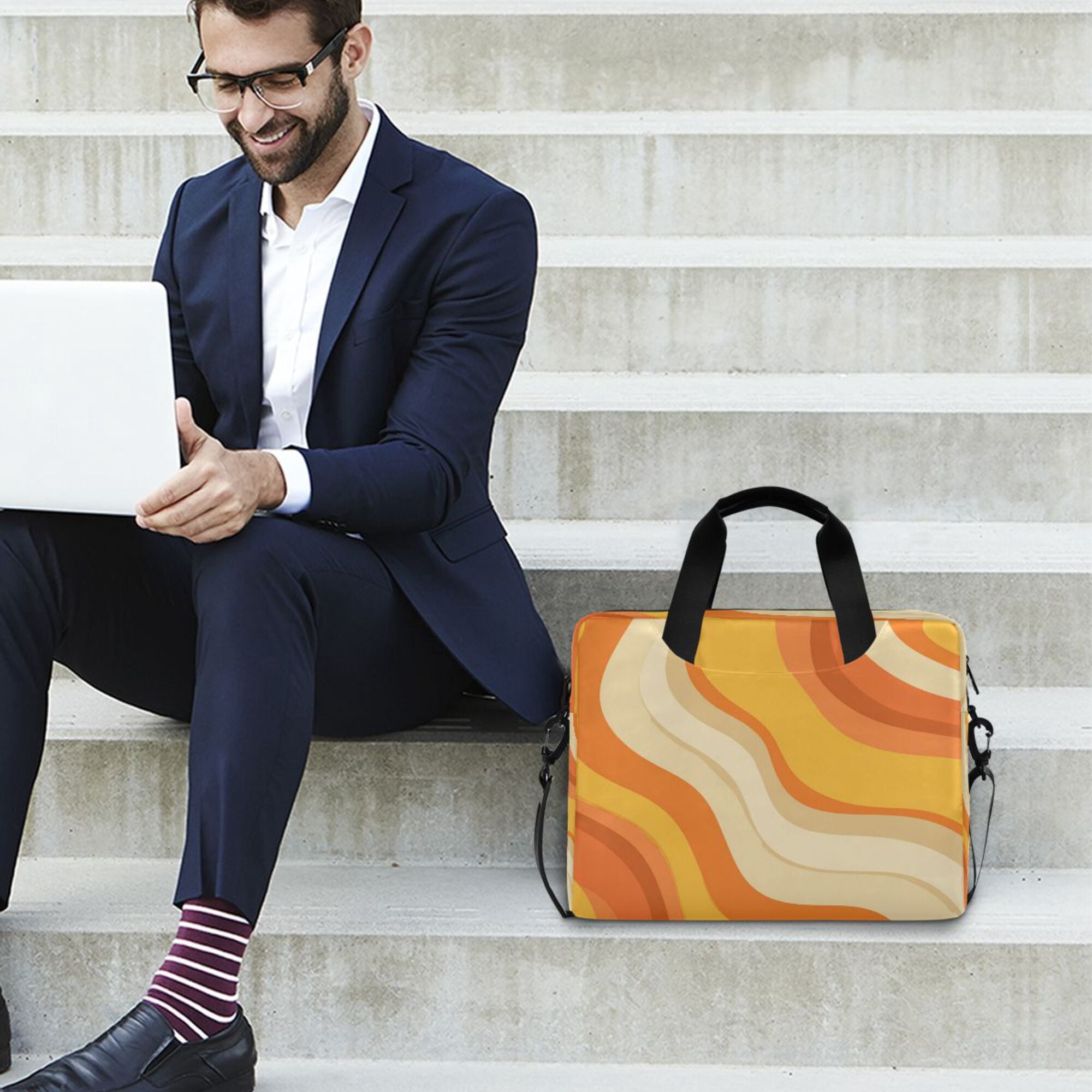 16" Laptop Briefcase, Detachable Anti-Slip Shoulder Strap, Multi-Compartment Work Travel Bag Orange Color Clash Pattern