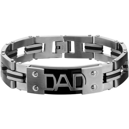 Steel Art Men's Stainless Steel DAD Engraved with Black IP and Steel Link Bracelet