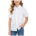 thumbnail image 3 of KPOPLK Girls Shirt Short Sleeve Button Up Top Kids School Uniform Cotton Collared Dress Blouse Size 15-16 Years,Beige, 3 of 5