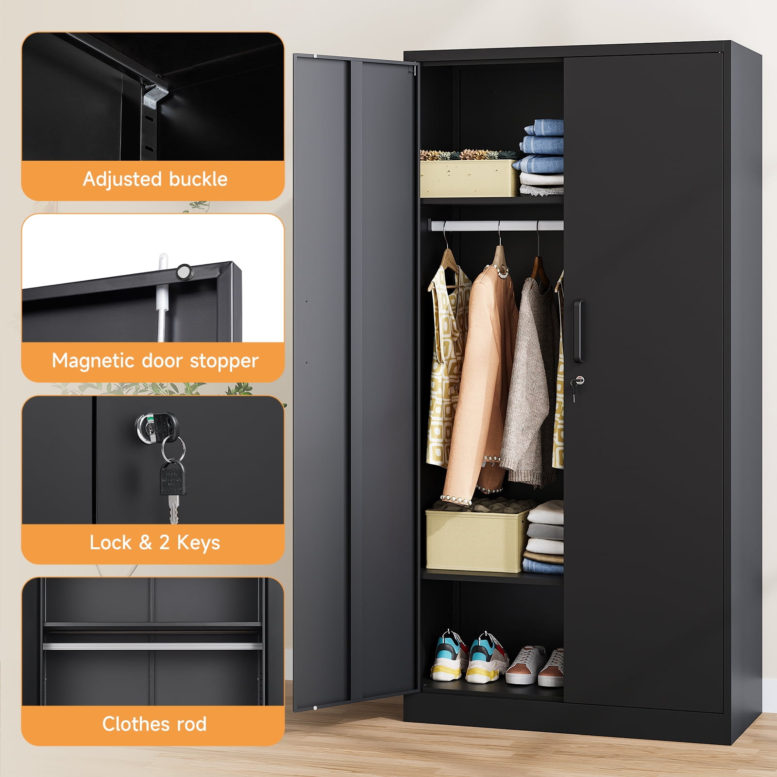 STANI Metal Armoire Closet with Lock, 72" Tall Wardrobe Cabinet with Hanging Rod,Black Steel Clothing Locker Storage for Home,Bedroom,Office,Employee