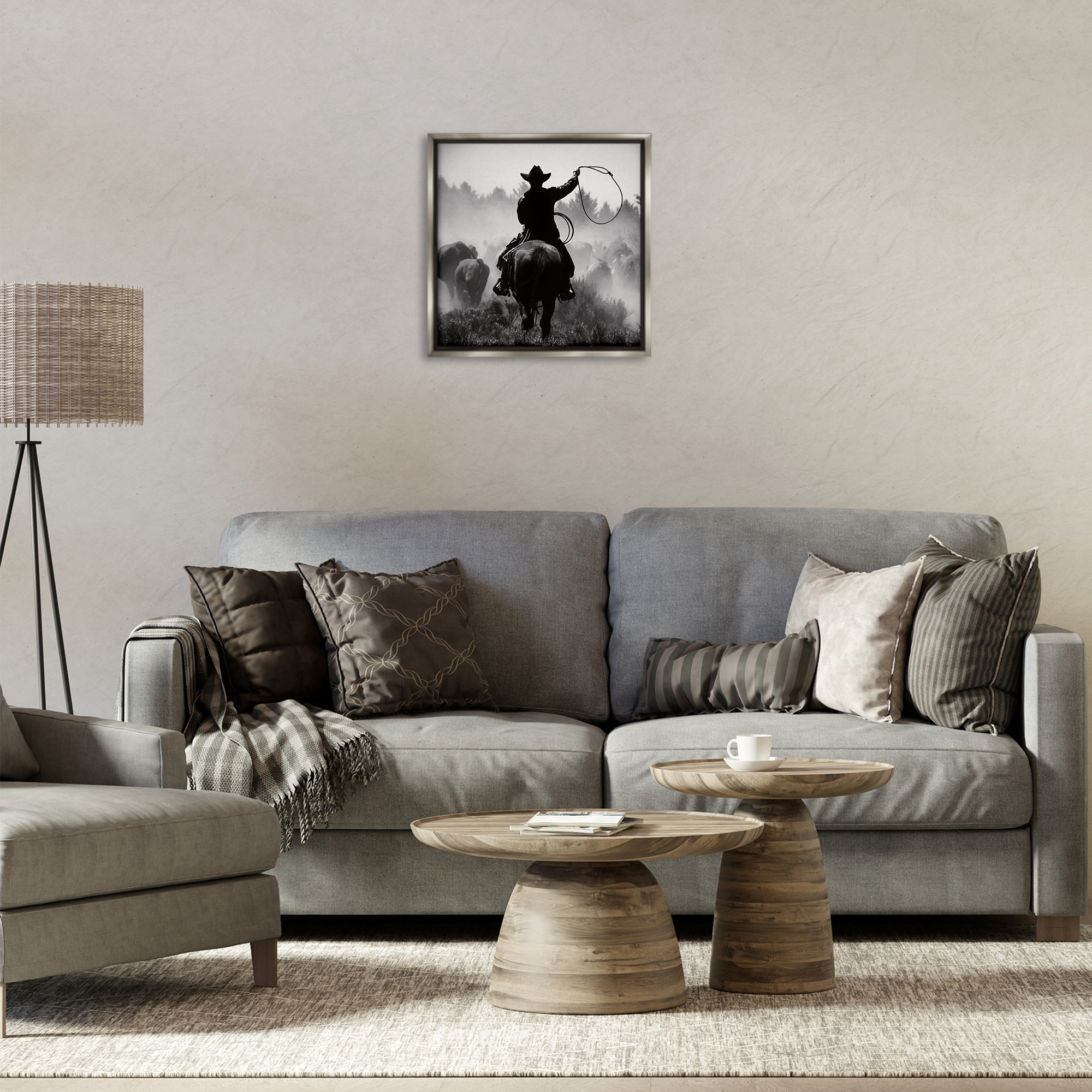 Stupell Industries Cowboy Swinging Lasso People Photography Gray Floater Framed Canvas Art Print Wall Art, 18 x 18