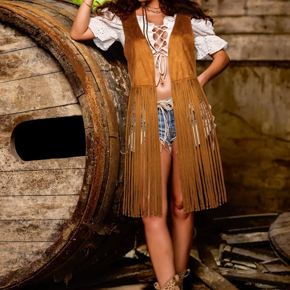 DAFPZW Fringe Vests Cowgirl Outfits for Women 70s Hippie Clothes Vest Jacket Faux Suede Tassels Western Cowgirl Cardigan