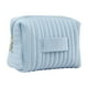 thumbnail image 2 of Neceser de terciopelo a rayas bordadas | Neceser impermeable azul claro para maquillaje | Organizador de viaje portátil de 17 x 12 x 9 cm | Estuche de poliéster suave para guardar brochas y cosméticos, 2 of 6
