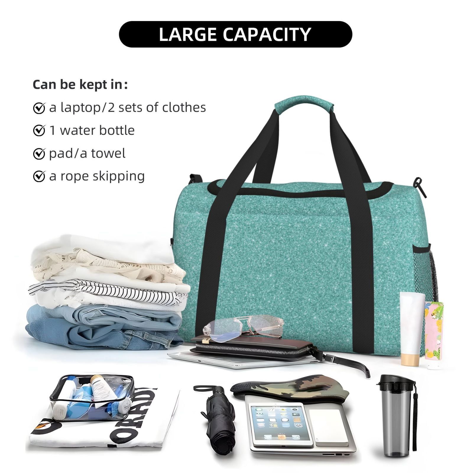 Fuzoiu Teal Green Glitter Print Travel Duffle Bag,Carry On Tote Bags,Duffel Bag,Sport Gym Bag, Hospital Bag for Labor and Delivery, Overnight Bag,Luggage Bag