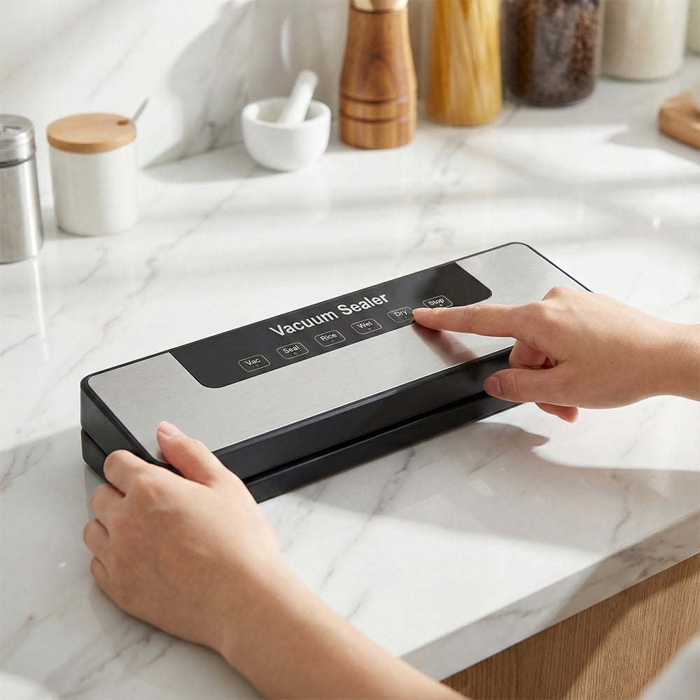Automatic Food Vacuum Sealer with 60kPa Suction, 110V, Dry/Wet/Rice Modes, 30cm Bag Width, Includes 50Pcs 20×30cm Embossed Bags & 40cm External Hose