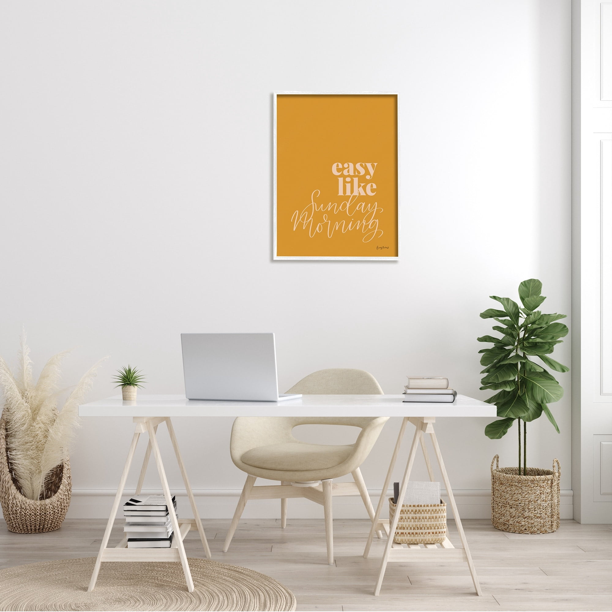 Stupell Industries Easy Like Sunday Morning Phrase Minimal Orange Pink Graphic Art White Framed Art Print Wall Art, 24x30, by Becky Thorns