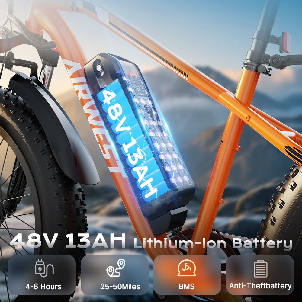AIRWEST Men's Electric Mountain Bike, 26″ Fat Tire Electric Bike, Peak 750W Motor 48V 13Ah Removable Battery, 7-Speed, All-Terrain E-Bike, Max Speed 25MPH (40KMH), UL2849