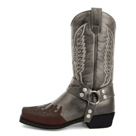 

TALKVE Woens Leather Non-slip Slip-On Round Toe Buckle Low-heeled Shoes Cowboy Boots