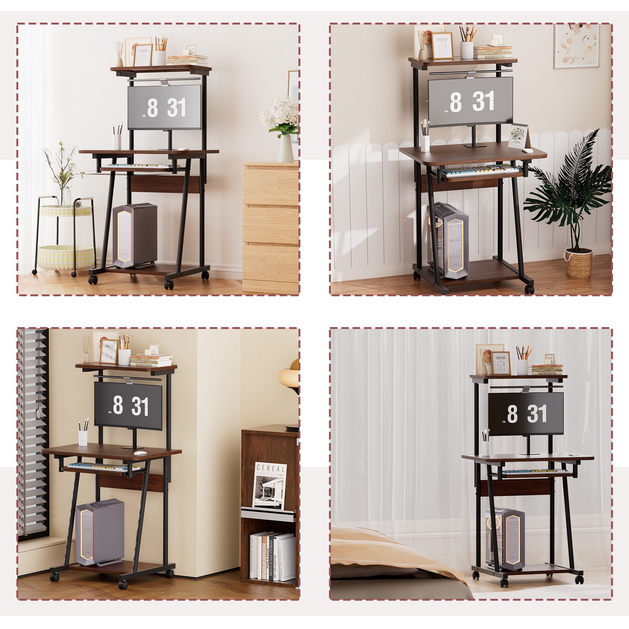 VGBYUJ Rolling Computer Desk, 3 Tier Mobile Computer Desk with Keyboard Tray & Print Shelf for Small Space, Home Office, Brown