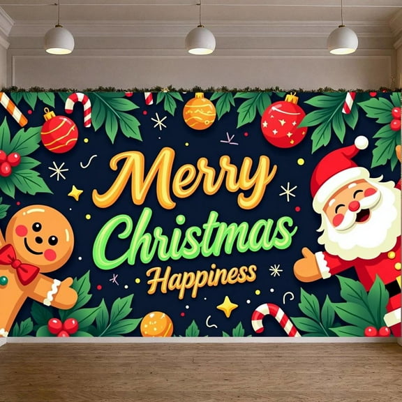 Colorful Christmas Banner Santa Claus Merry Christmas Banner Gingerbread Man Christmas Ball Holiday Banner for Christmas Party Holiday Celebration Indoor Decoration