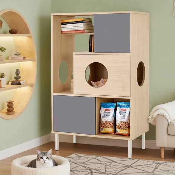 Modern 2 IN 1 Cat Tree and Side Cabinet Storage Small Wood Bookcase Litter Box Enclosure Cat Climbing Furniture Hidden Storage