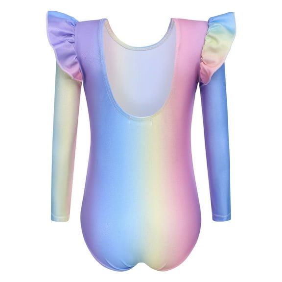 Oudiya Girls Ruffle Long Sleeve Gymnastics Leotard Low Back Glitter Ballet Leotards for Kids 3-10Y