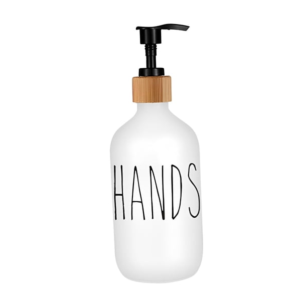 Dispensador de jabón manual reutilizable de 500 ml para encimera de baño. Botella de líquido. manos blancas