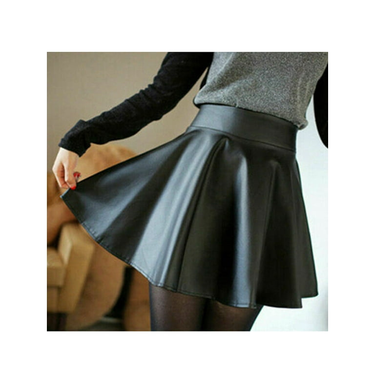 Women s PU Faux Leather Flared Short Skirt High Waist A Line Pleated Mini Skater Ballet Dance Skirt Walmart