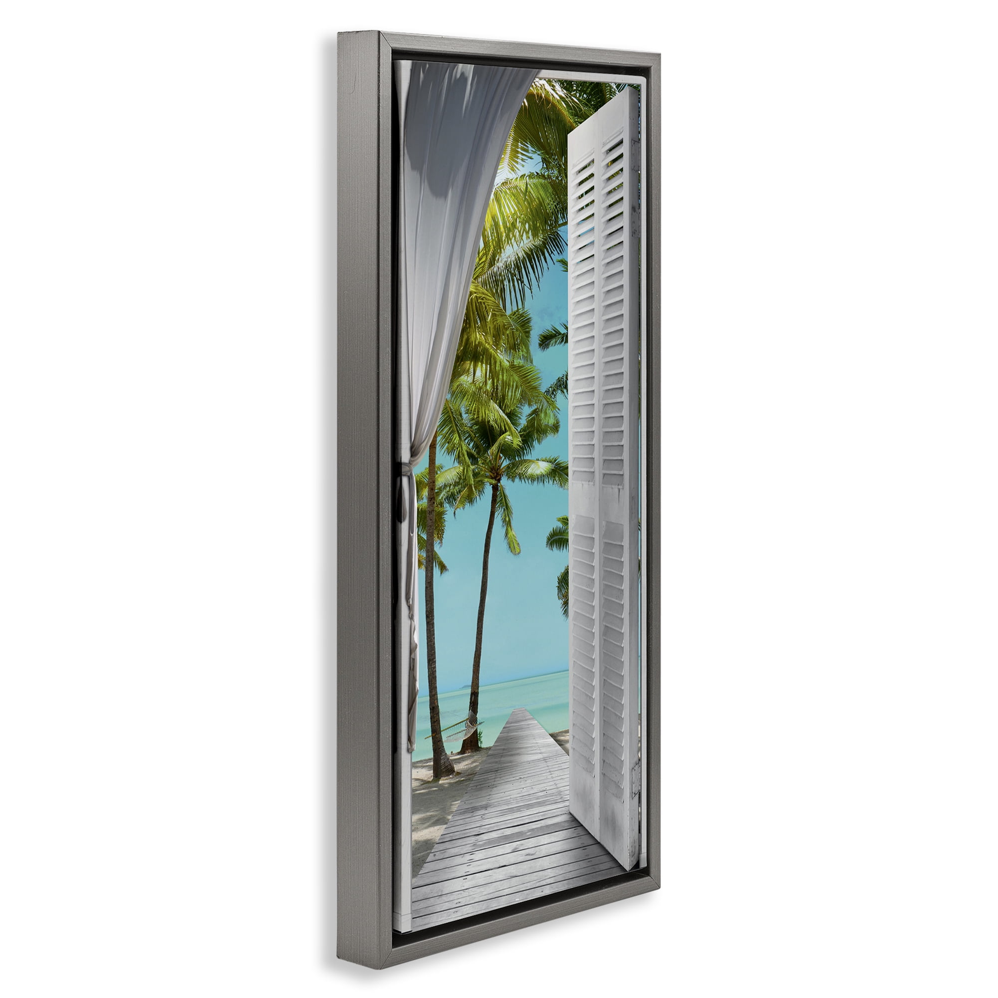 Stupell Industries Tropical Beach Villa View Nautical & Beach Painting Gray Floater Framed Canvas Art Print Wall Art, 11 x 25