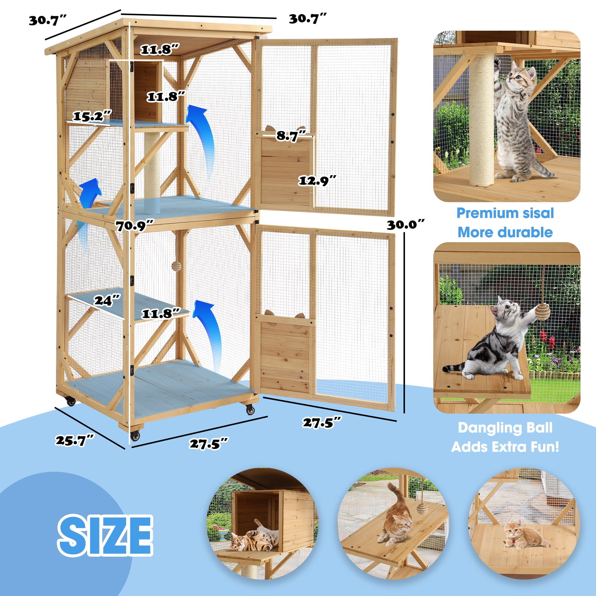 Haverchair Catio Outdoor Cat Enclosure with Scratcher - 4-Tier Large Indoor Wooden Window Catio Cat House W/Asphalt Waterproof Roof, Wheels, Resting Box, Platforms, Cat Toys Ball, Pet Cage Playpen