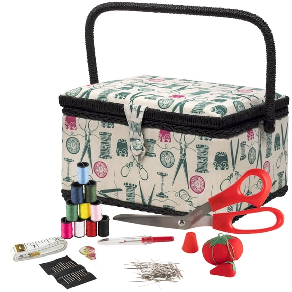 SINGER Large Sewing Basket Kit (Vintage Spools) - Includes 127 pcs Notions Pack
