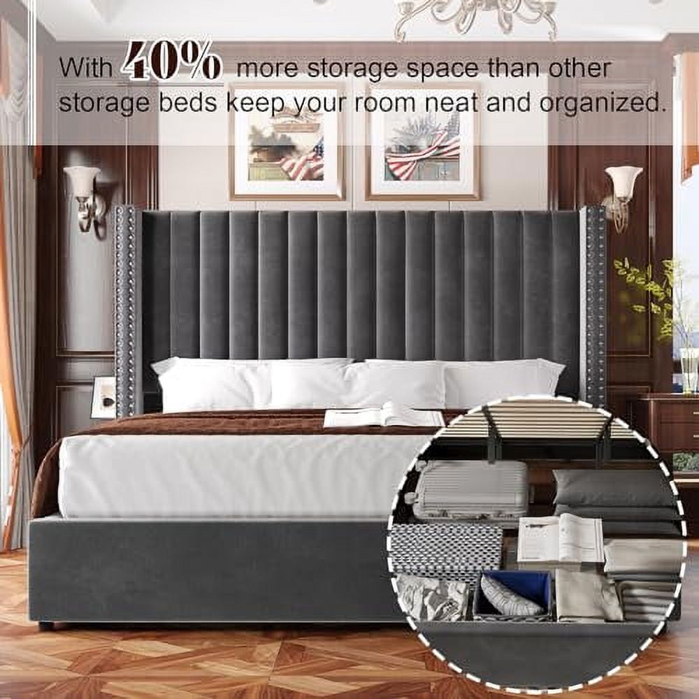 VanAcc Lift up Storage Bed Frame Queen Size, Upholstered Platform Bed Velvet with Channel Tufted Wingback Headboard, No Box Spring Needed, Gray