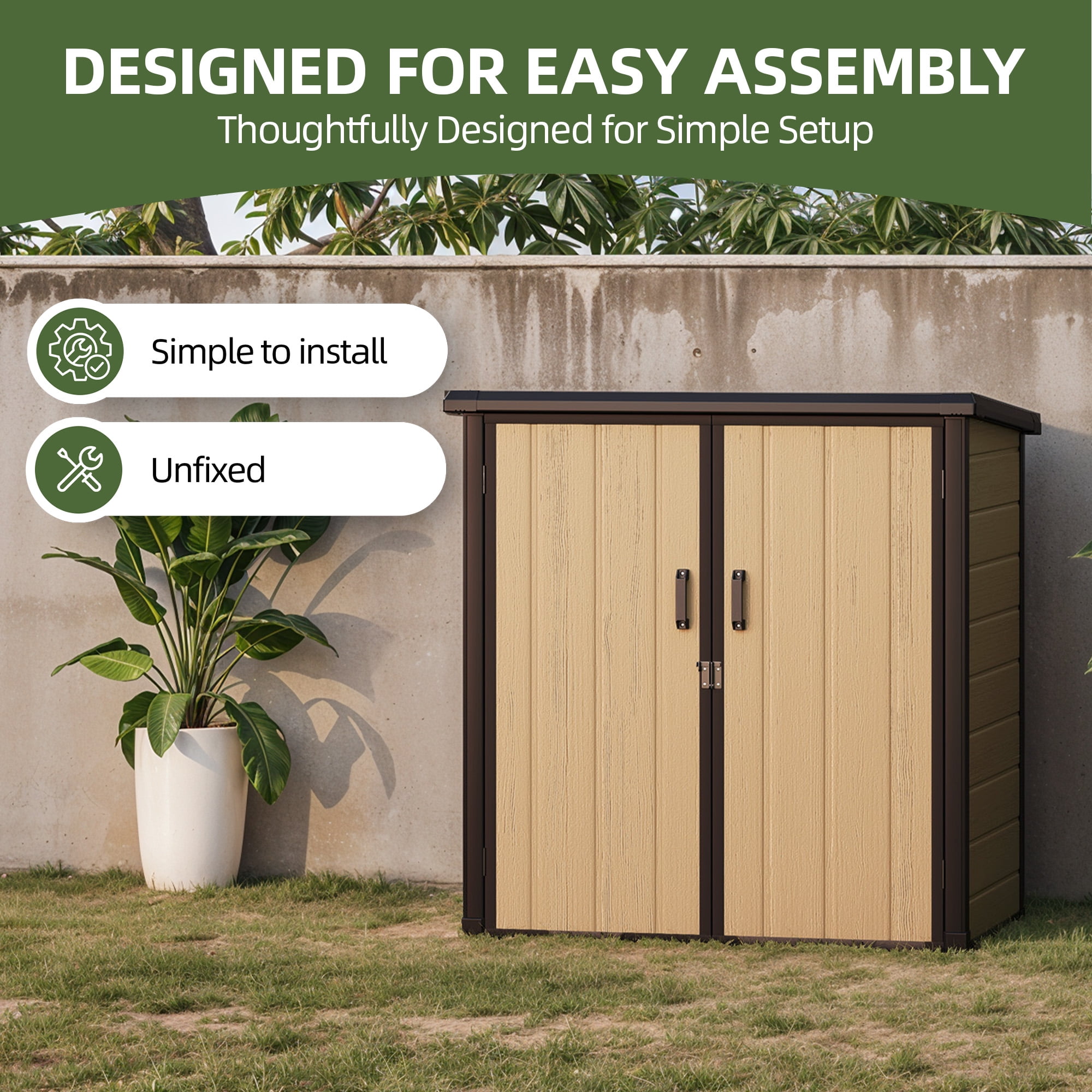 Uforic 51 Cu Ft Outdoor Vertical Storage Shed with Floor & 2 Shelves, Waterproof, Lockable (Brown)