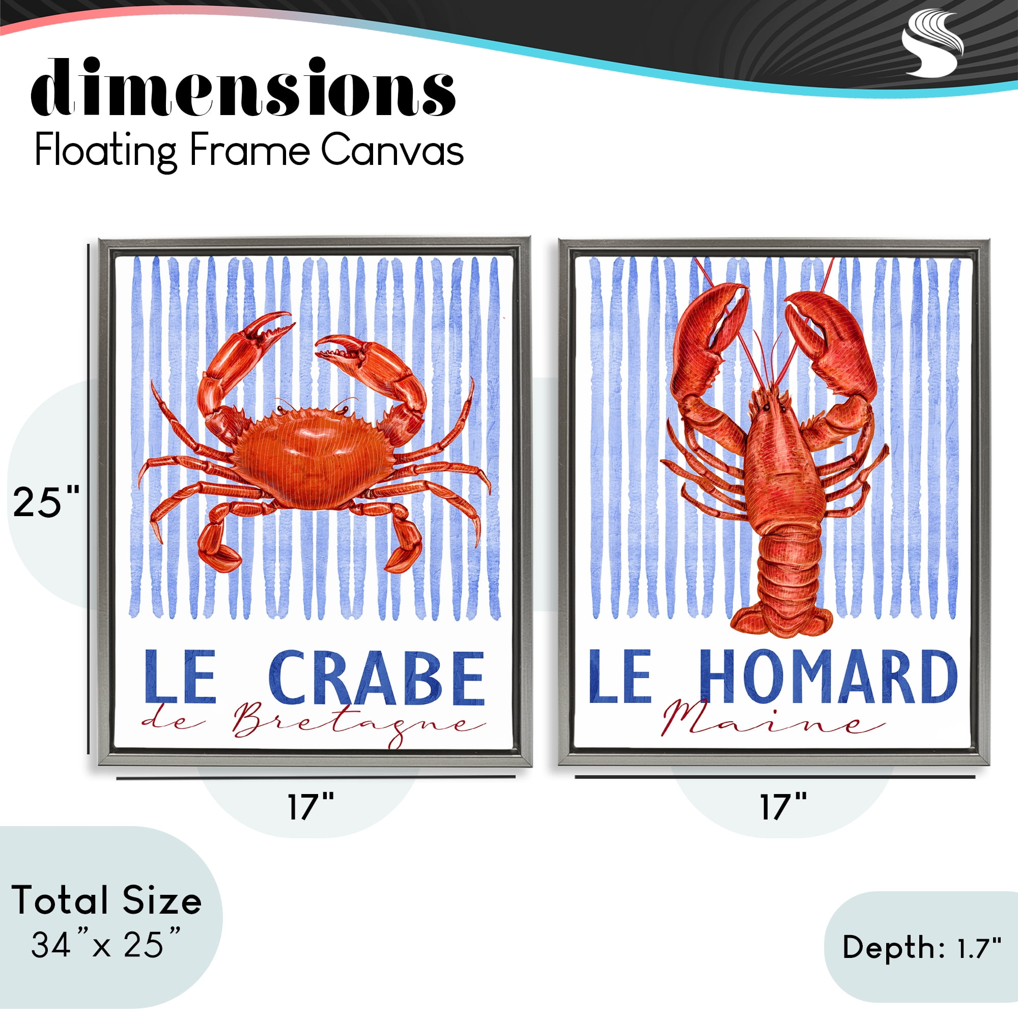 Stupell Industries Nautical Stripes Sea Creatures 2 Piece Gray Framed Floater Canvas Set, design by Kim Allen