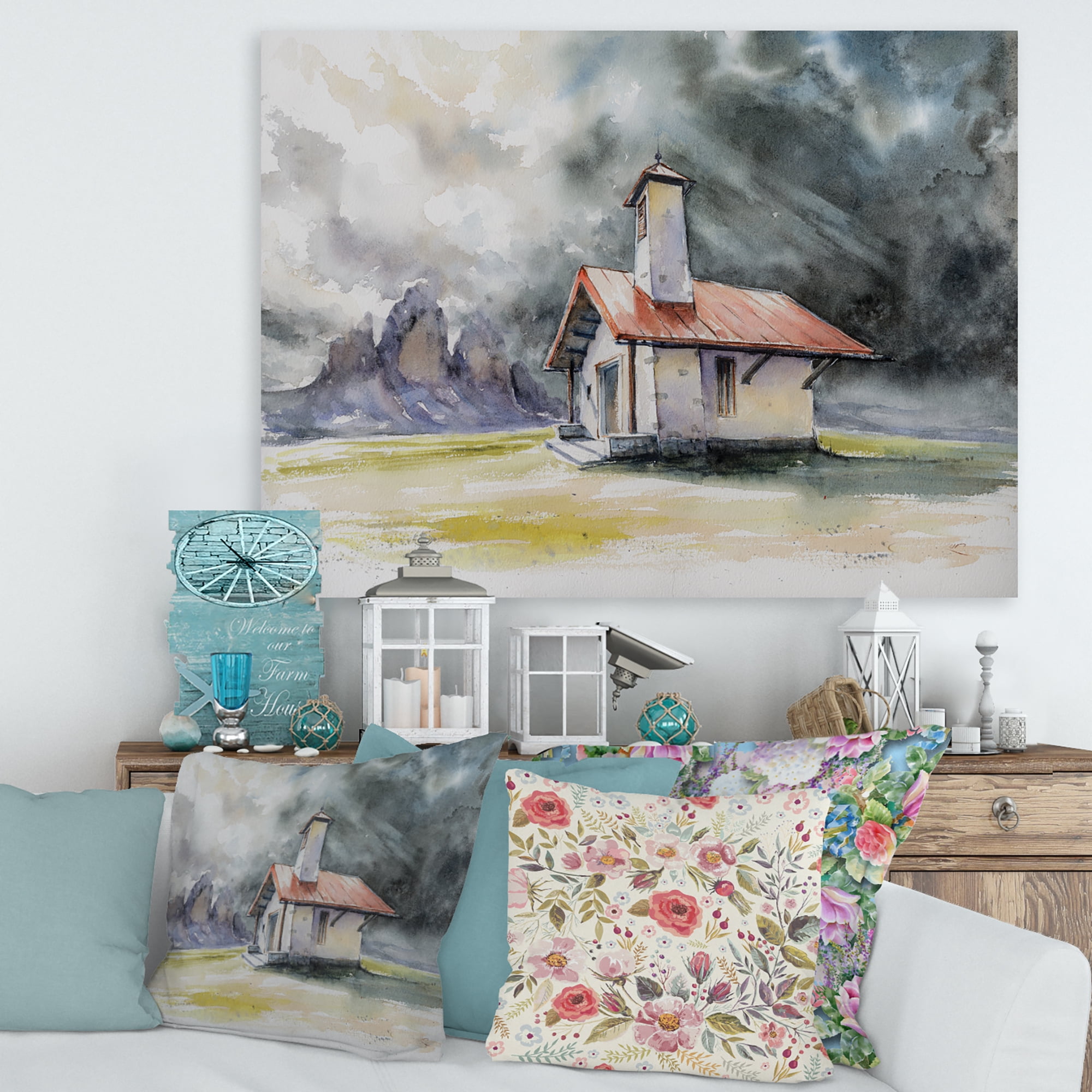 Designart ' Storm On A Rustic House On Mountain Top ' Country Canvas Wall Art Print
