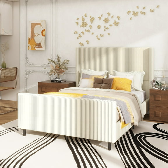 50.7'' High Headboard Corduroy Upholstered Bed Frame with Vertical Stripe Wingback and High Footboard No Box Spring Needed, Queen Size, Cream