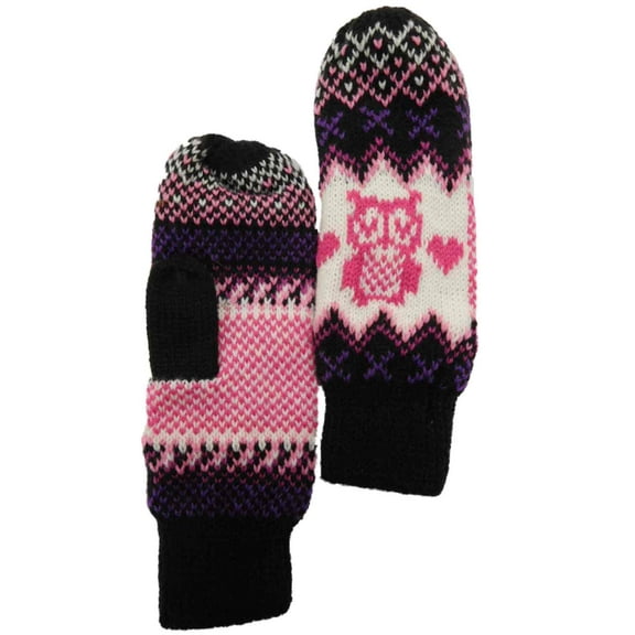 Girls Pink & Black Knit Owl Mittens Cross Stitched Pattern 4-7