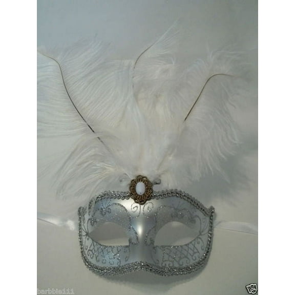 White Silver Venetian Mask Feather Masquerade Mardi Gras 12"