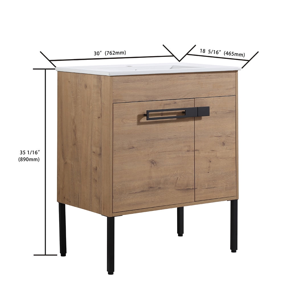 30" Bathroom Vanity with Sink Combo Bathroom Vanity Ceramic Single Basin Set with Doors Adjustable Shelves for Bathroom, Oak 30"