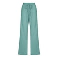 thumbnail image 5 of Women Pants Summer Solid Linen Pants High Waisted Wide Leg Drawstring Straight Leg Trousers with Pockets Beach Vacation Wear Womens Sweat Pants Blue XXL, 5 of 5