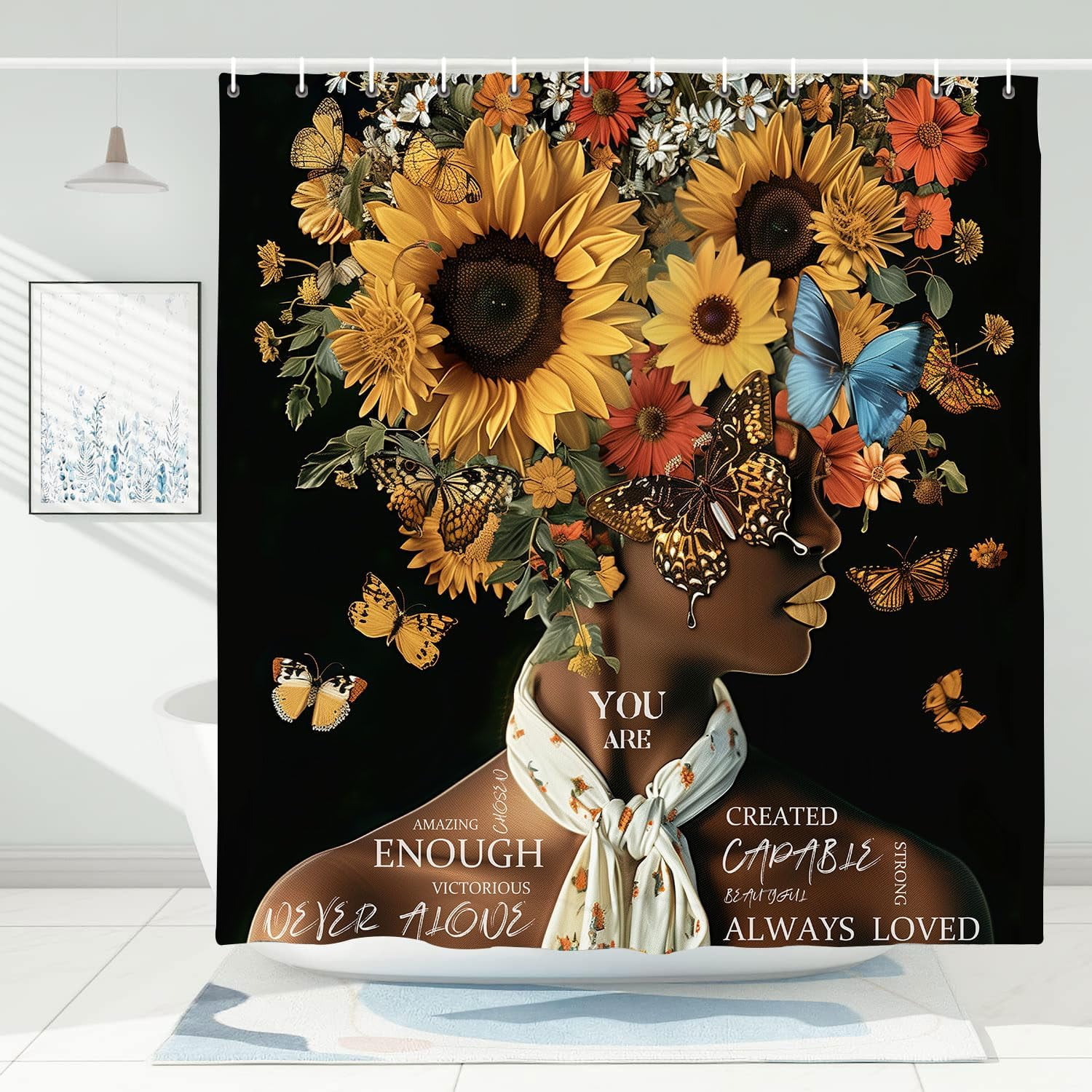 African American Shower Curtains Vintage Sunflower Flower Black Girl Shower Curtain Positive Confident Women Bath Curtain Waterproof Polyester Fabric Bathroom Accessories Decor with 12 Hooks, 72X72in