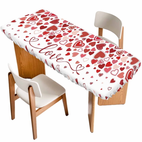 Red Valentine's Day Table Cloths for 8 Foot Rectangle Tables, Love Heart Modern Art Watercolor Patio Waterproof Elastic Fitted Tablecloths, Washable Rectangular Table Cover for Camping