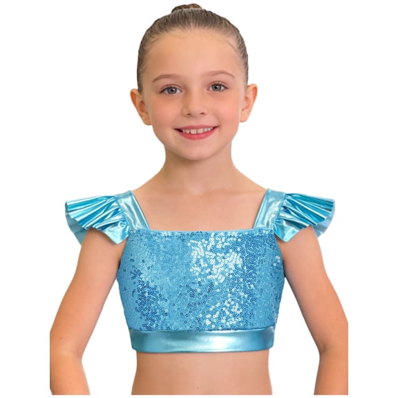 Choomomo Sequin Flutter Sleeve Dance Crop Top for Girls Square Neck Sparkly Dance Top for Stage Show & Recital Light Blue 6