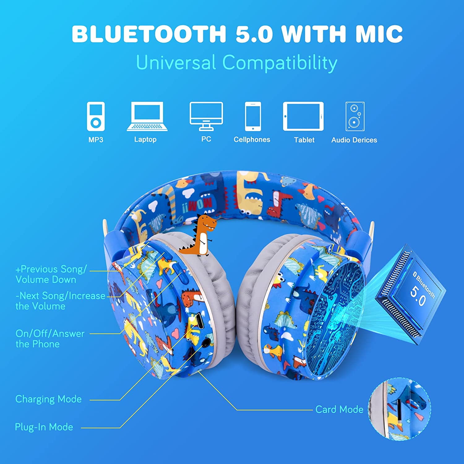 QearFun Dinosaur Headphones for Boys Kids for School, Kids Bluetooth Headphones with Microphone & 3.5mm Jack, Teens Toddlers Wireless Headphones with Adjustable Headband for Tablet/PC