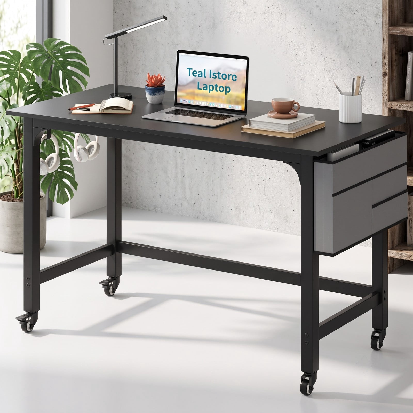Furnibear 48 Inch Mobile Computer Desk with Wheels, Rolling Office Desk with Storage Bag and Headphone Hooks, Combinable Home Office Workstation, Black