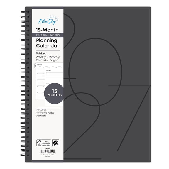 Blue Sky Monthly Weekly Planner, 8.5" x 11", Charcoal 15-Month (October 2026 - December 2027)