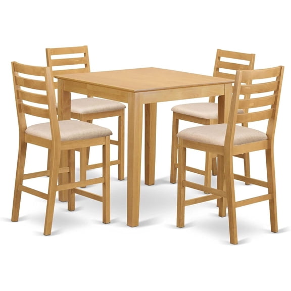 HomeStock 5-Piece Counter Height Square Dining Set, Oak Finish, 36" Square Table with 4 Counter Height Stools with Microfiber Upholstered Seats, 139 lbs